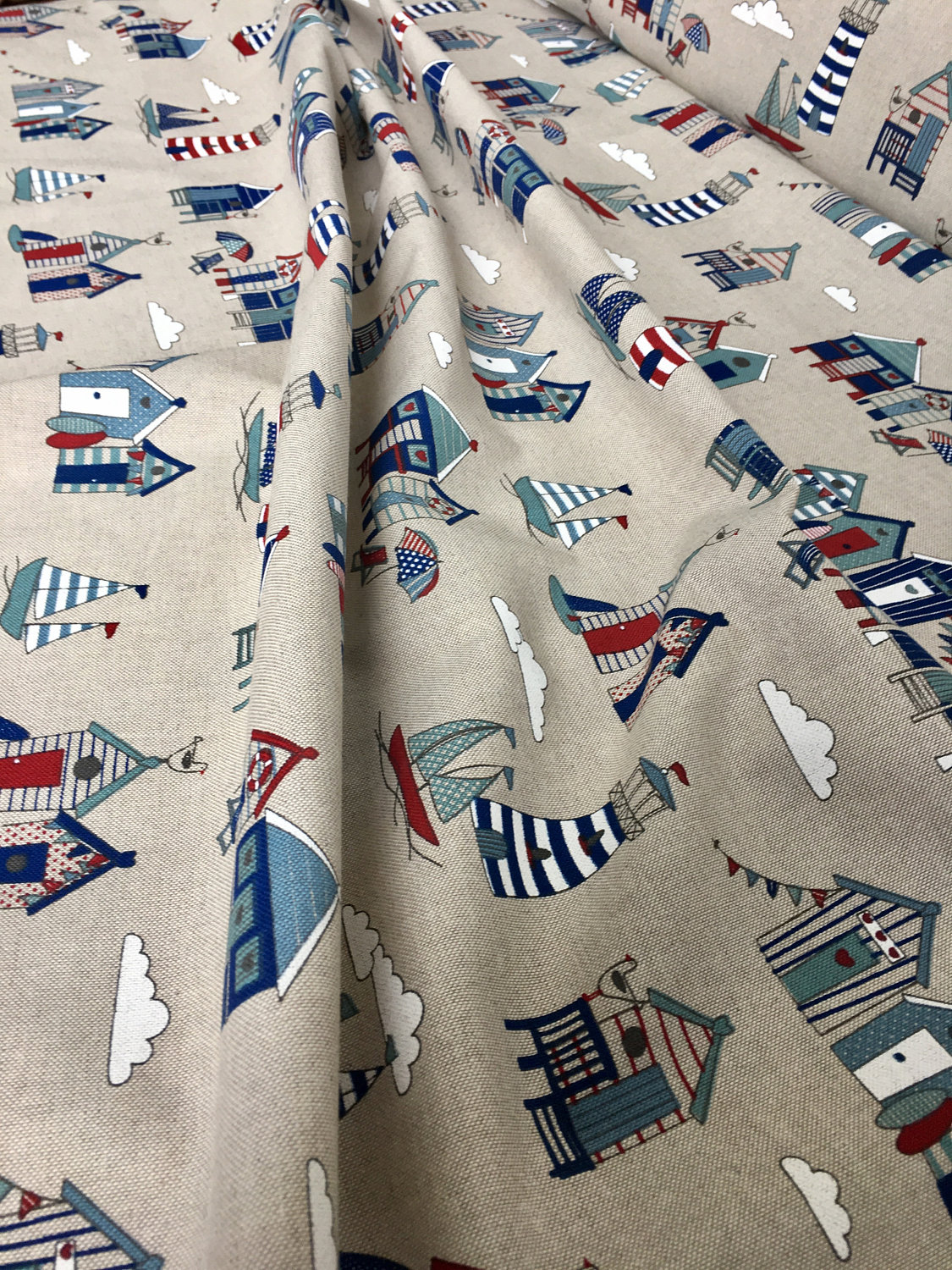 Little Beach Huts Marine Fabric/ Linen Look Material for Curtains ...