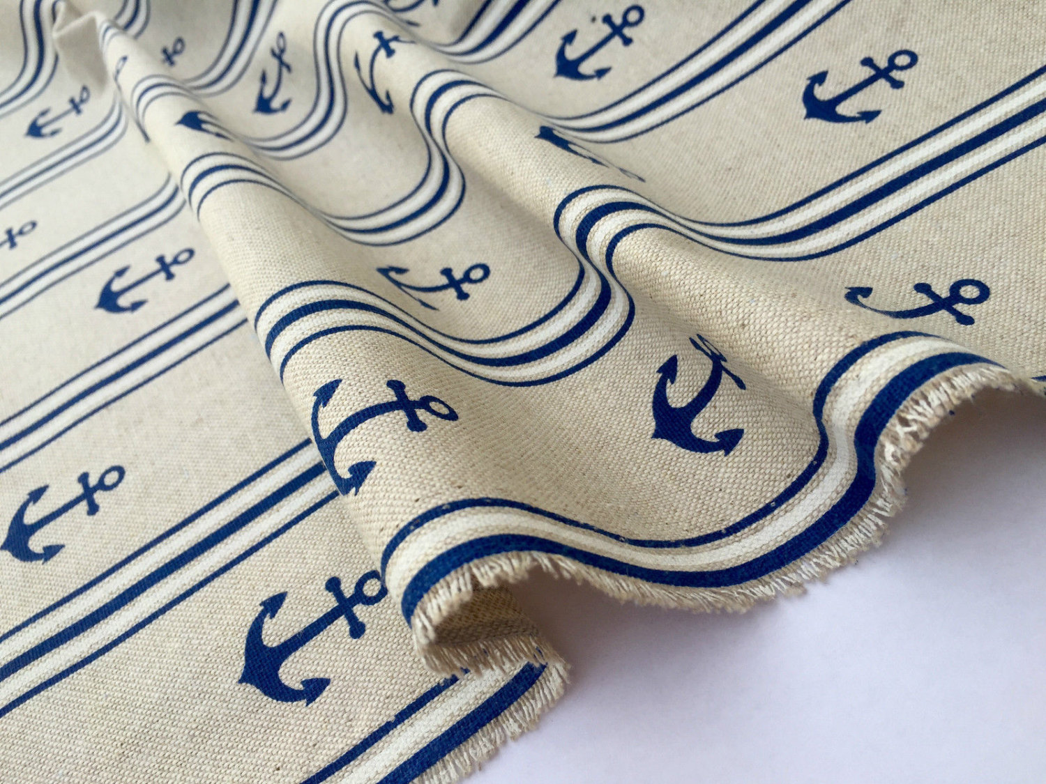 Marine Anchor Stripe LINEN LOOK Print Fabric - Curtain Upholstery ...