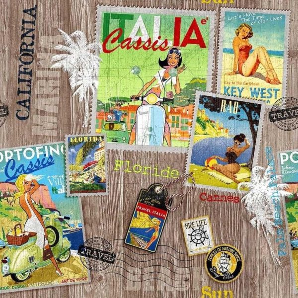 Vintage Travel Postcard Magazine Print Fabric – Dolce Vita Retro Global Travel Motifs Pin Up Girl - Crafts & Home Décor – Key West, Italy, Portofino, California, 140cm Wide
