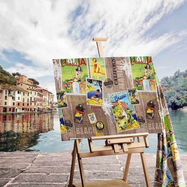 Vintage Travel Postcard Magazine Print Fabric – Dolce Vita Retro Global Travel Motifs Pin Up Girl - Crafts & Home Décor – Key West, Italy, Portofino, California, 140cm Wide - Image 4