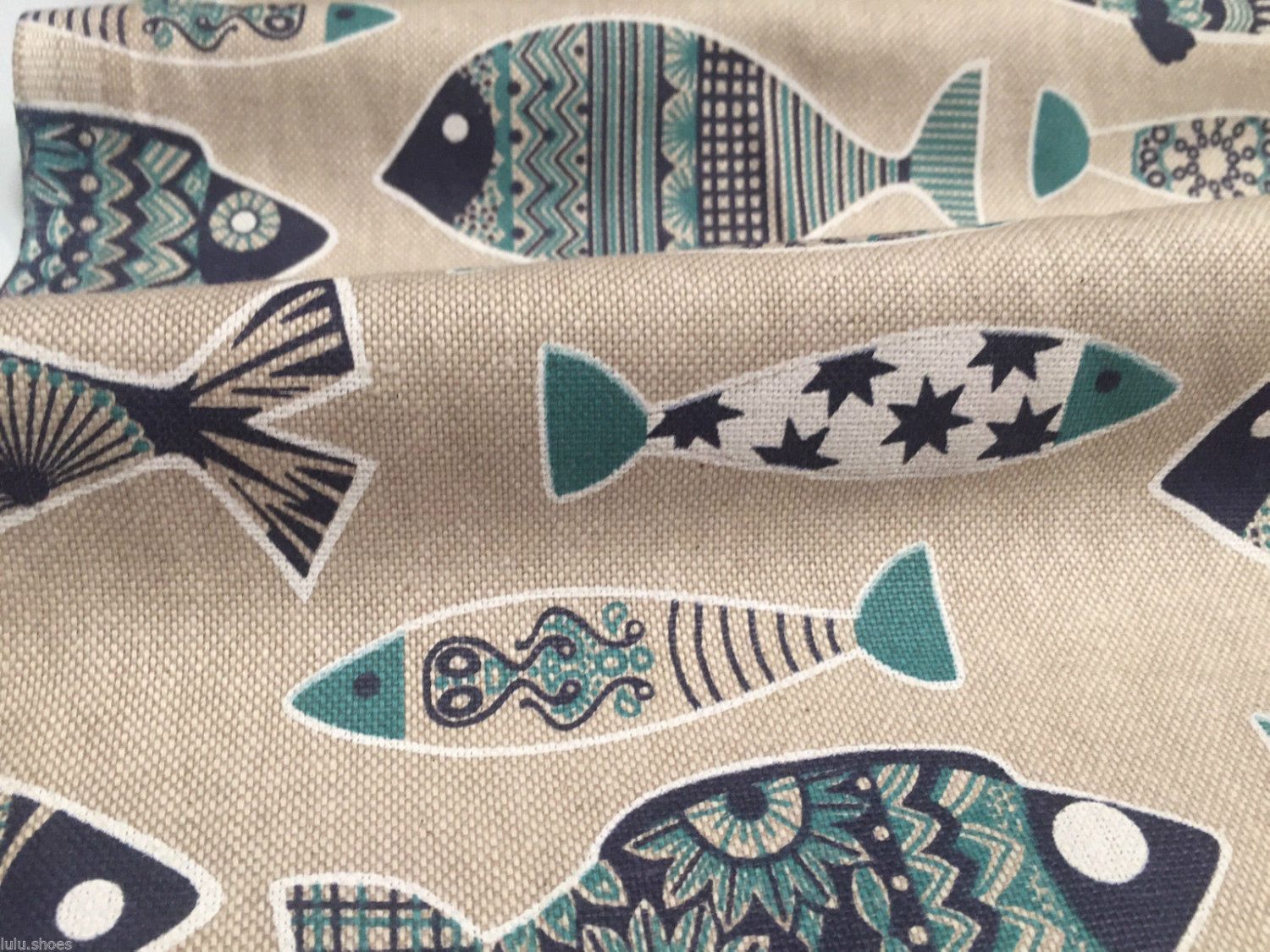 Blue Fish Marine Fabric Linen Look Home Decor Curtain Upholstery Material -  140cm or 55 wide canvas - Lush Fabric