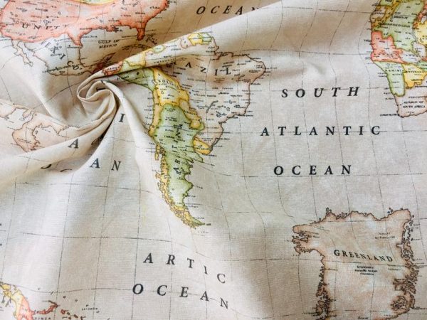 BEIGE WORLD MAP 3 Designer Curtain Upholstery cotton fabric material - World Map Print Canvas - 140cm wide - Image 11