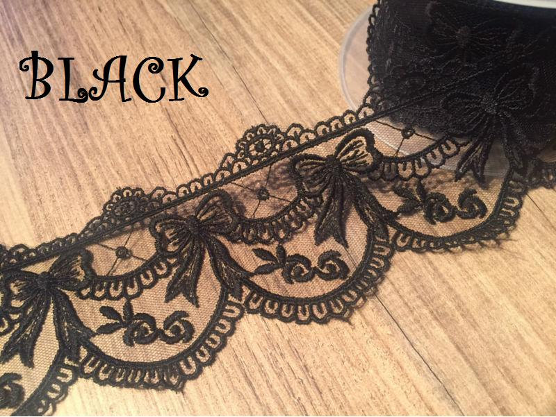 Black Lace Ribbon with heavy embroidered detail scalloped edge lace *70mm  wide (sold by the Meter) - Lush Fabric