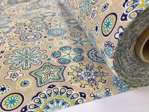 AQUARIUS Flower Mandala Stars Hippy Print Fabric Curtain Upholstery material - 110'' / 280 cm Extra wide - BLUE
