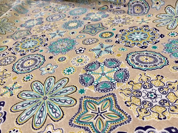 AQUARIUS Flower Mandala Stars Hippy Print Fabric Curtain Upholstery material - 110'' / 280 cm Extra wide - BLUE