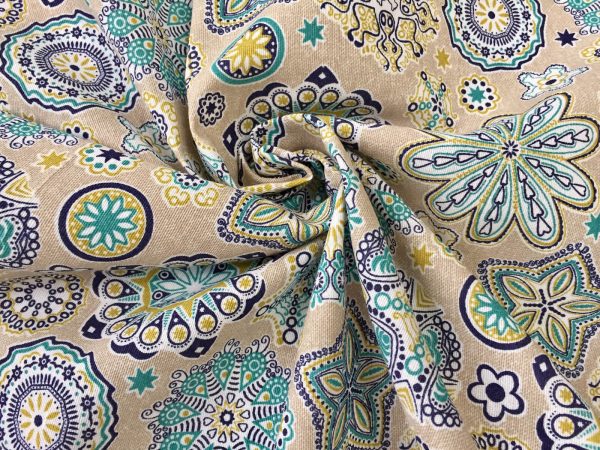 AQUARIUS Flower Mandala Stars Hippy Print Fabric Curtain Upholstery material - 110'' / 280 cm Extra wide - BLUE