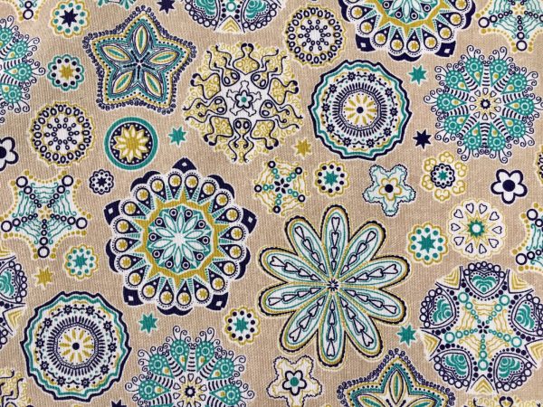 AQUARIUS Flower Mandala Stars Hippy Print Fabric Curtain Upholstery material - 110'' / 280 cm Extra wide - BLUE