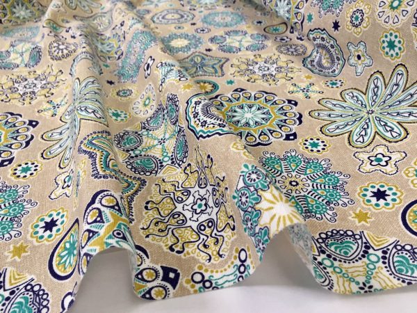 AQUARIUS Flower Mandala Stars Hippy Print Fabric Curtain Upholstery material - 110'' / 280 cm Extra wide - BLUE