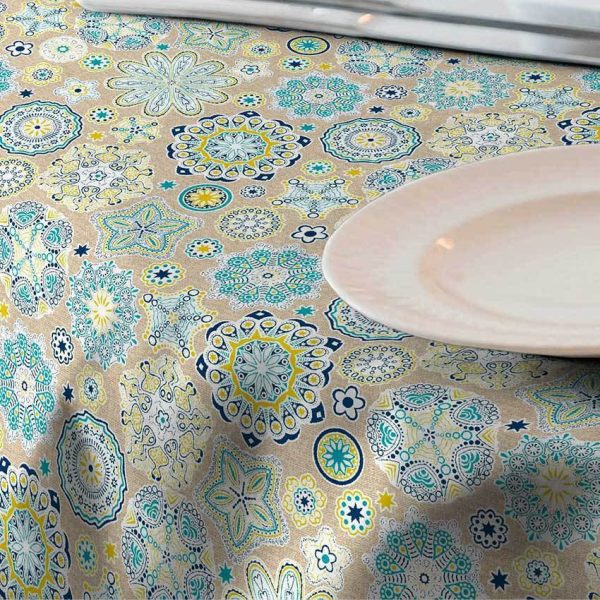 AQUARIUS Flower Mandala Stars Hippy Print Fabric Curtain Upholstery material - 110'' / 280 cm Extra wide - BLUE
