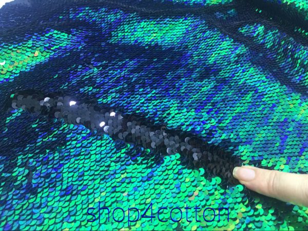 MERMAID Reversible 5mm Sequin Fabric Flip Two Tone Stretch Material - 130cm wide -  Iridescent Green Blue Black sequins