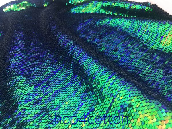 MERMAID Reversible 5mm Sequin Fabric Flip Two Tone Stretch Material - 130cm wide -  Iridescent Green Blue Black sequins