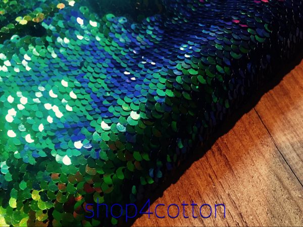 MERMAID Reversible 5mm Sequin Fabric Flip Two Tone Stretch Material - 130cm wide -  Iridescent Green Blue Black sequins