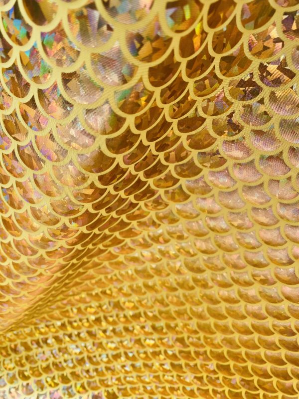 Mermaid Scale Fabric Fish Tale Foil Iridescent Stretch Spandex Material - 150cm wide - Gold on Yellow - Image 4