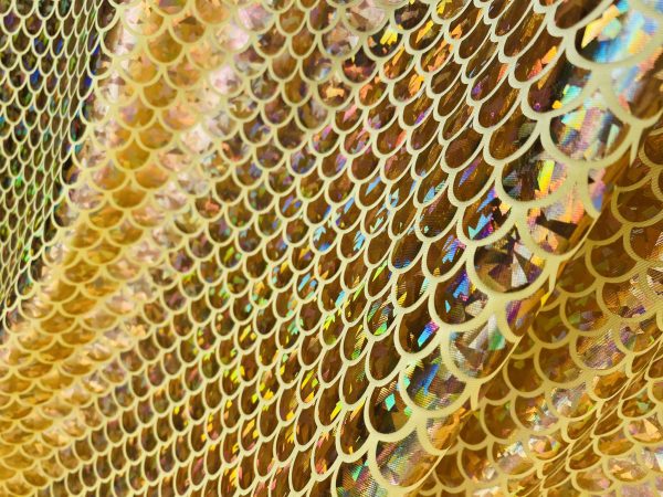 Mermaid Scale Fabric Fish Tale Foil Iridescent Stretch Spandex Material - 150cm wide - Gold on Yellow - Image 3