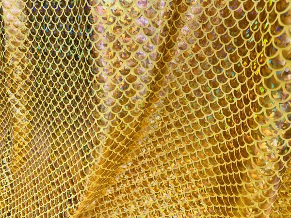Mermaid Scale Fabric Fish Tale Foil Iridescent Stretch Spandex Material - 150cm wide - Gold on Yellow - Image 2