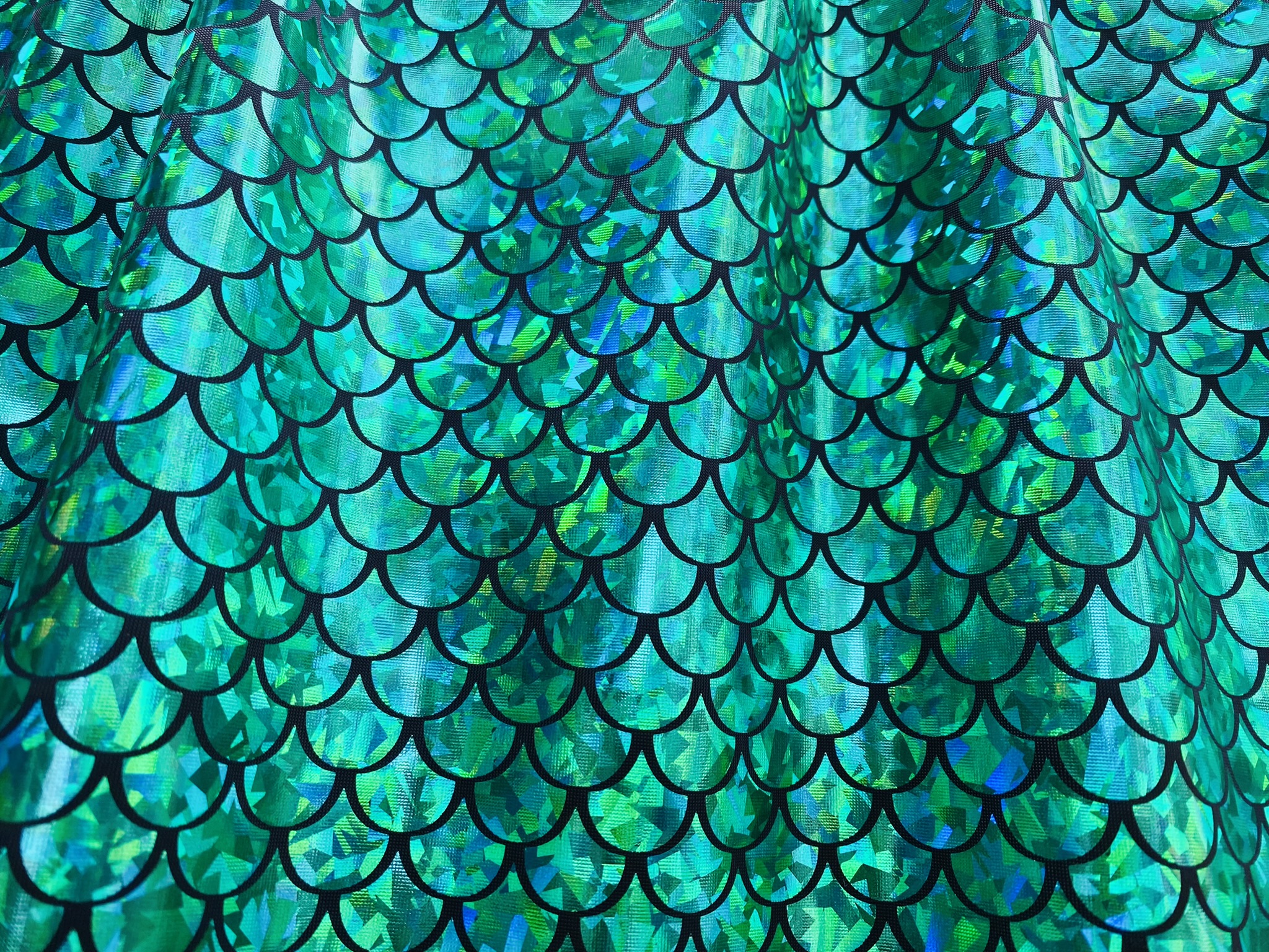 Mermaid Scale Fabric Fish Tale Foil Iridescent Stretch Spandex Material -  150cm wide - Green on Black - Lush Fabric