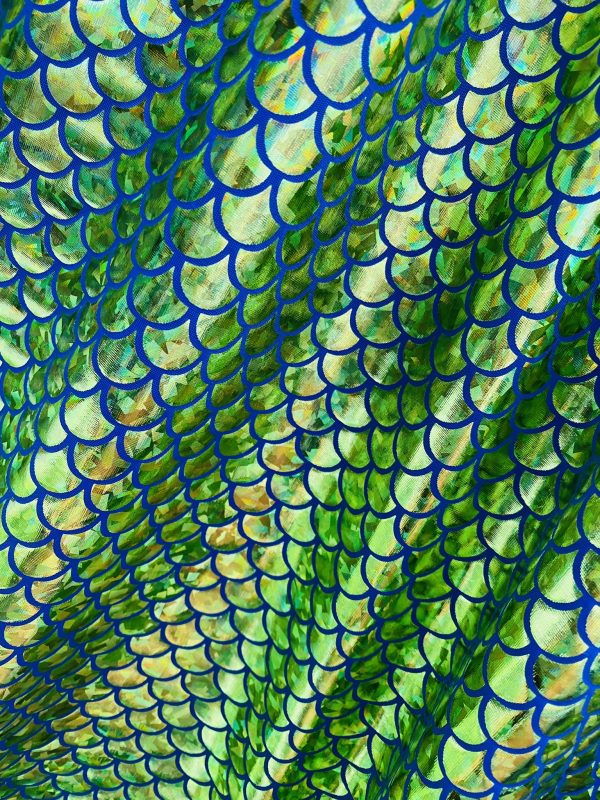 Mermaid Scale Fabric Fish Tale Foil Iridescent Stretch Spandex Material - 150cm wide - Green on Blue - Image 4