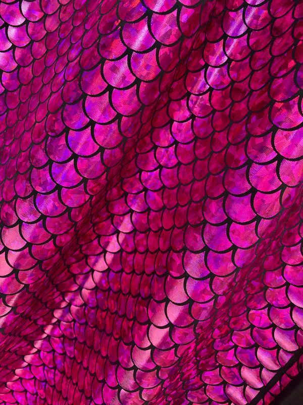 Mermaid Scale Fabric Fish Tale Foil Iridescent Stretch Spandex Material - 150cm wide - Hot Pink on Black - Image 4