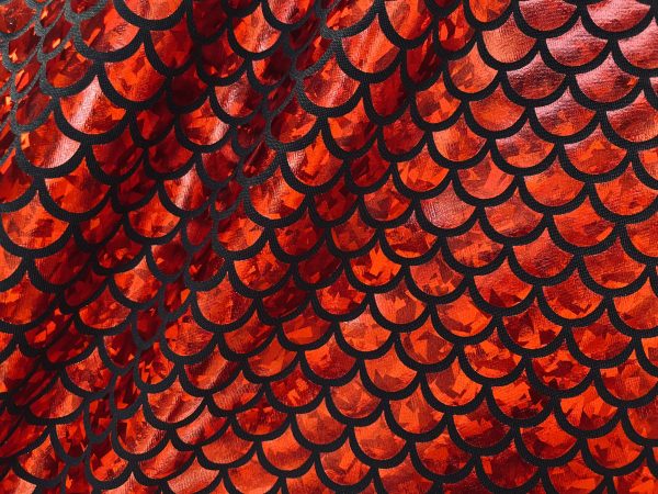 Mermaid Scale Fabric Fish Tale Foil Iridescent Stretch Spandex Material - 150cm wide - Red on Black - Image 3