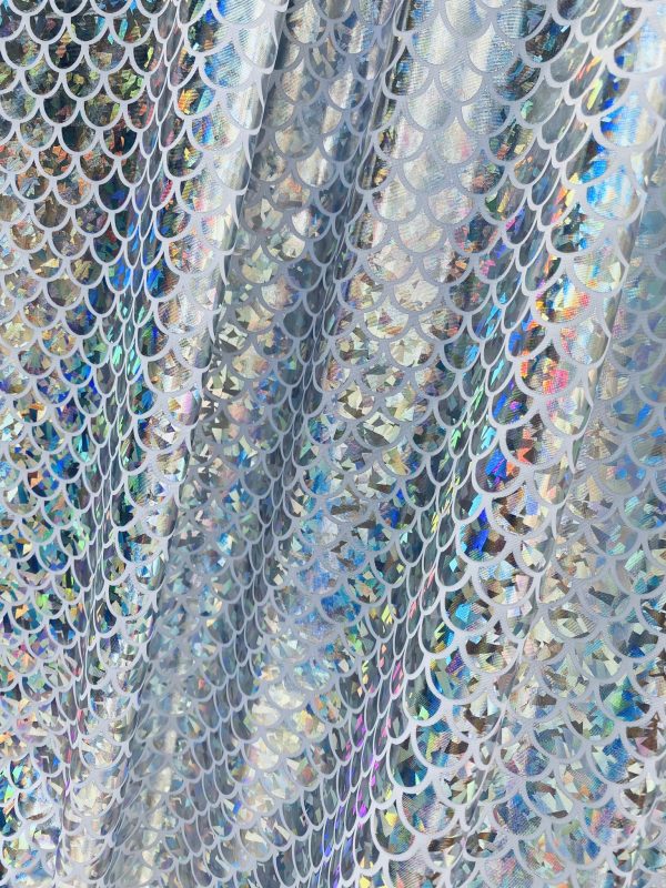 Mermaid Scale Fabric Fish Tale Foil Iridescent Stretch Spandex Material - 150cm wide - Silver on White - Image 4