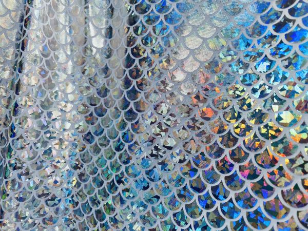 Mermaid Scale Fabric Fish Tale Foil Iridescent Stretch Spandex Material - 150cm wide - Silver on White - Image 3