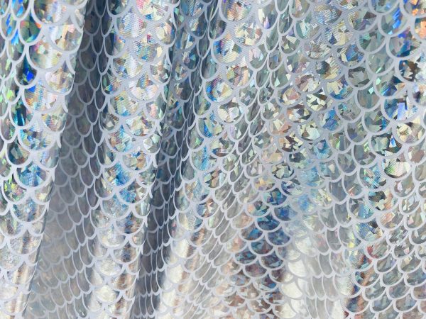 Mermaid Scale Fabric Fish Tale Foil Iridescent Stretch Spandex Material - 150cm wide - Silver on White - Image 5