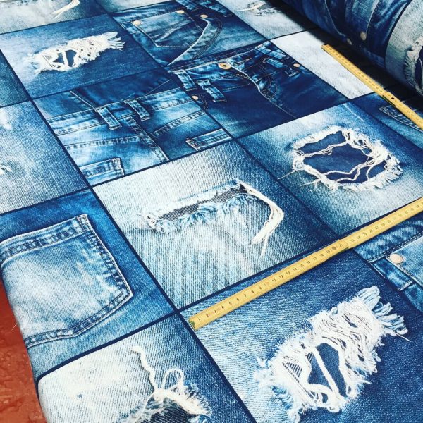 DENIM JEANS Effect Fabric for Furnishing, Curtains - blue denim patchwork cotton material - 55"/140cm wide - jeans print denim canvas