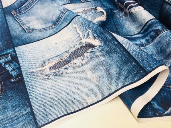 DENIM JEANS Effect Fabric for Furnishing, Curtains - blue denim patchwork cotton material - 55"/140cm wide - jeans print denim canvas