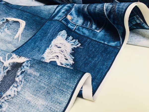DENIM JEANS Effect Fabric for Furnishing, Curtains - blue denim patchwork cotton material - 55"/140cm wide - jeans print denim canvas