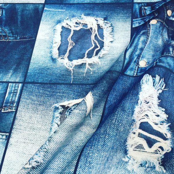 DENIM JEANS Effect Fabric for Furnishing, Curtains - blue denim patchwork cotton material - 55"/140cm wide - jeans print denim canvas