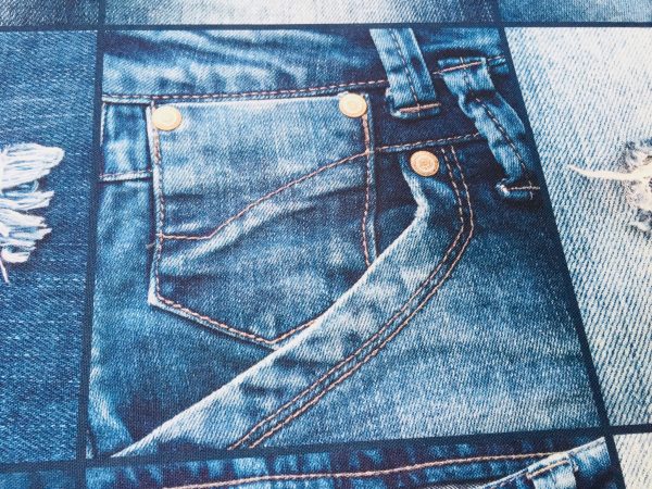 DENIM JEANS Effect Fabric for Furnishing, Curtains - blue denim patchwork cotton material - 55"/140cm wide - jeans print denim canvas