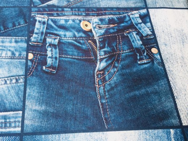 DENIM JEANS Effect Fabric for Furnishing, Curtains - blue denim patchwork cotton material - 55"/140cm wide - jeans print denim canvas