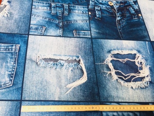 DENIM JEANS Effect Fabric for Furnishing, Curtains - blue denim patchwork cotton material - 55"/140cm wide - jeans print denim canvas