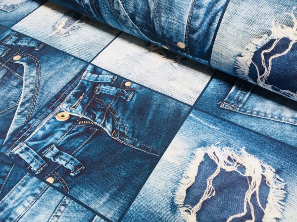DENIM JEANS Effect Fabric for Furnishing, Curtains - blue denim patchwork cotton material - 55"/140cm wide - jeans print denim canvas