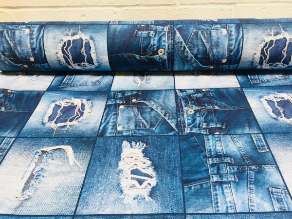 DENIM JEANS Effect Fabric for Furnishing, Curtains - blue denim patchwork cotton material - 55"/140cm wide - jeans print denim canvas