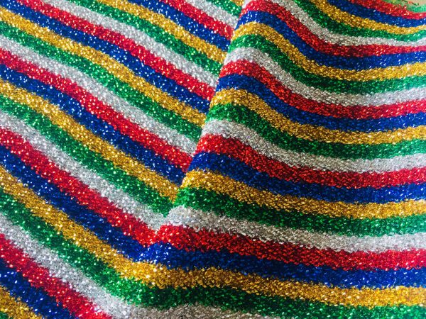Mettalic Tinsel Lurex Fabric Material - Sparkling Striped Rasta Print Silver Gold Glitter - 150cm wide