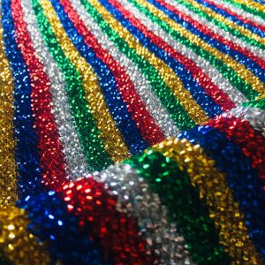 Rainbow Mettalic Tinsel Lurex Fabric Material - Sparkling Striped Rasta Print Glitter - 150cm wide