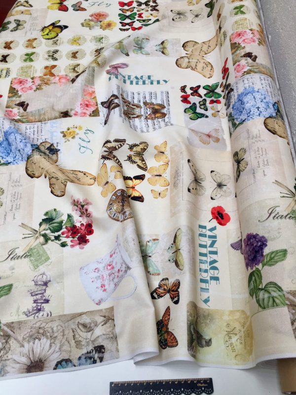 Vintage Butterfly Music Note Fabric Cotton Material for Curtains Upholstery Dress - Floral Digital Print Textile - 140cm wide canvas