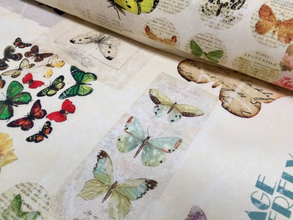 Vintage Butterfly Music Note Fabric Cotton Material for Curtains Upholstery Dress - Floral Digital Print Textile - 140cm wide canvas