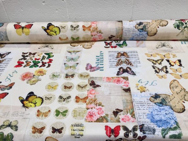 Vintage Butterfly Music Note Fabric Cotton Material for Curtains Upholstery Dress - Floral Digital Print Textile - 140cm wide canvas