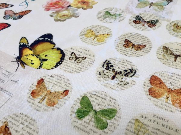 Vintage Butterfly Music Note Fabric Cotton Material for Curtains Upholstery Dress - Floral Digital Print Textile - 140cm wide canvas