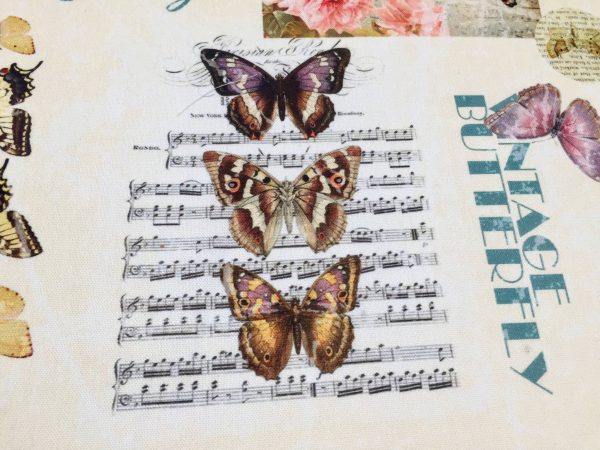 Vintage Butterfly Music Note Fabric Cotton Material for Curtains Upholstery Dress - Floral Digital Print Textile - 140cm wide canvas