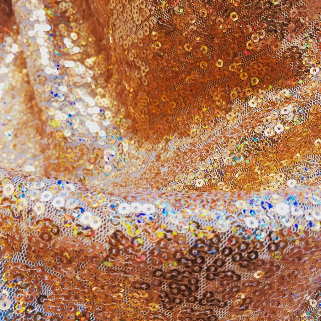 IRIDESCENT GOLD Glitter Sequin Fabric Material, 2 way stretch / 130cm