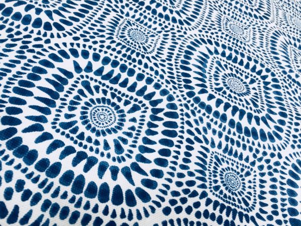 Blue & White Spanish Tile Flower Mandala Fabric Cotton Panama Material for Dress Decor Curtain Upholstery - 55" or 140cm wide