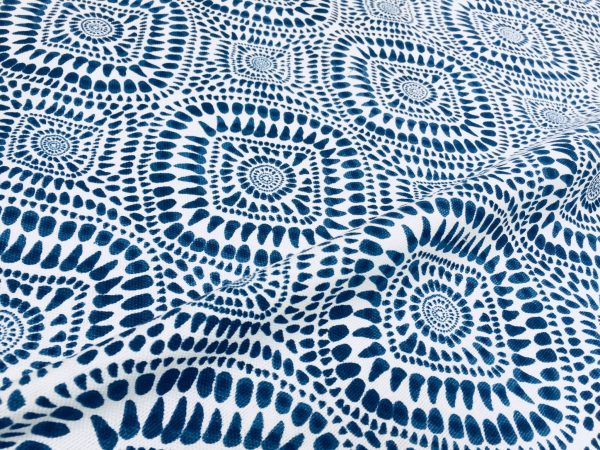 Blue & White Spanish Tile Flower Mandala Fabric Cotton Panama Material for Dress Decor Curtain Upholstery - 55" or 140cm wide