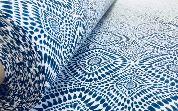 Blue & White Spanish Tile Flower Mandala Fabric Cotton Panama Material for Dress Decor Curtain Upholstery - 55" or 140cm wide