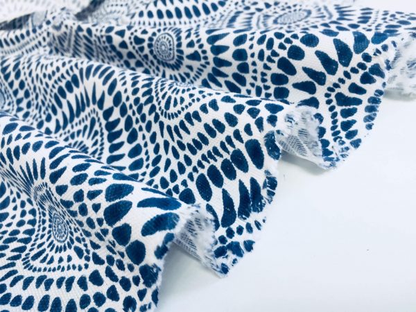 Blue & White Spanish Tile Flower Mandala Fabric Cotton Panama Material for Dress Decor Curtain Upholstery - 55" or 140cm wide