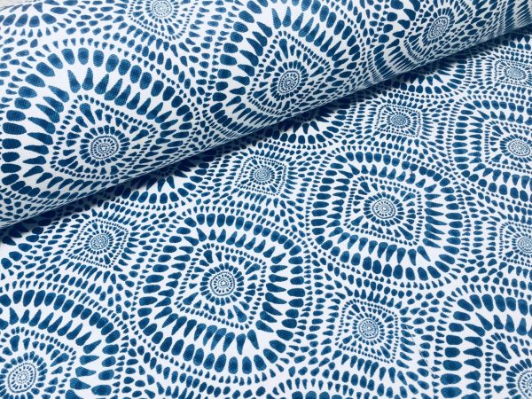 Blue & White Spanish Tile Flower Mandala Fabric Cotton Panama Material for Dress Decor Curtain Upholstery - 110" or 280cm wide