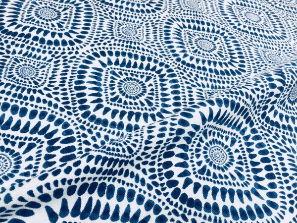 Blue & White Spanish Tile Flower Mandala Fabric Cotton Panama Material for Dress Decor Curtain Upholstery - 110" or 280cm wide