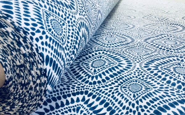 Blue & White Spanish Tile Flower Mandala Fabric Cotton Panama Material for Dress Decor Curtain Upholstery - 110" or 280cm wide